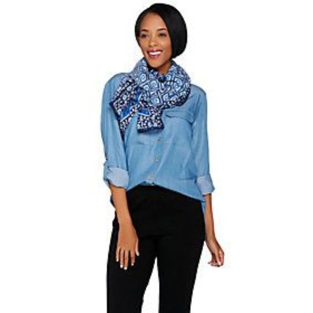 C Wonder Asian Floral Print Scarf Pom Pom Trim